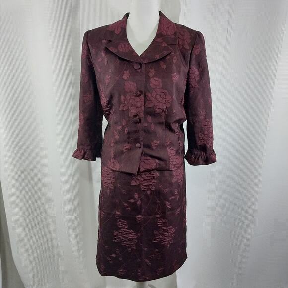 MISS DORBY PETITES! BURGUNDY FLORAL RELUEF 2 PC SKIRT & JACKET SUIT, SET! SZ 14P - Picture 2 of 13